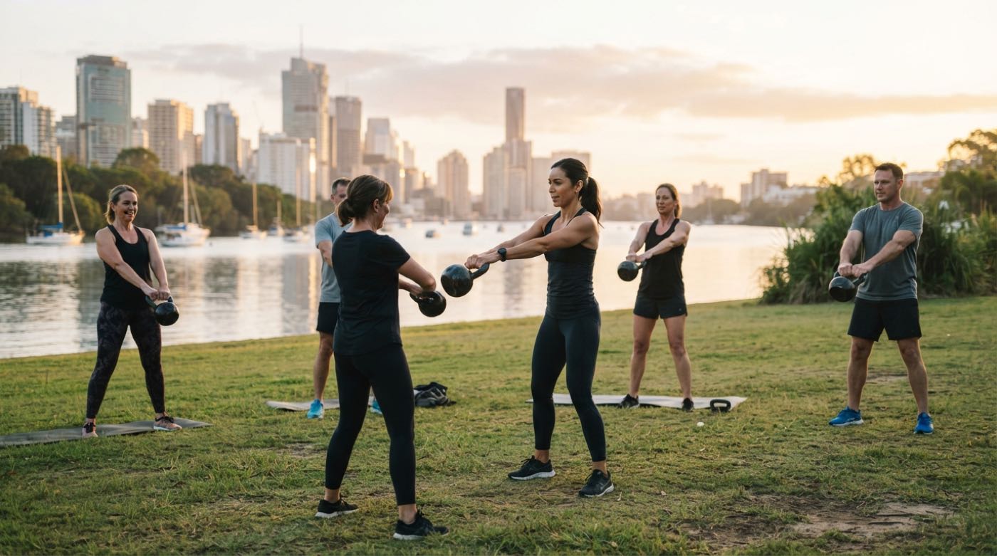 Tessa coaching a small group by the Brisbane River at sunrise